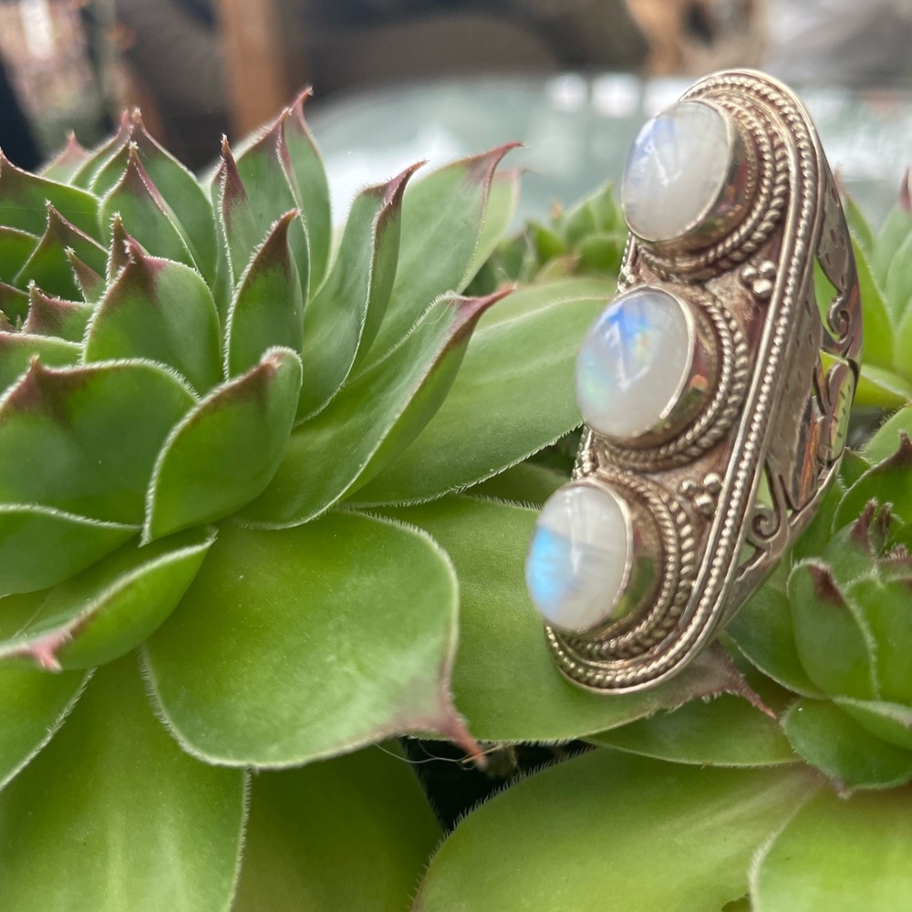 Triple Moonstone Sterling Silver Ring with Ornate Leaf Design, size 9
